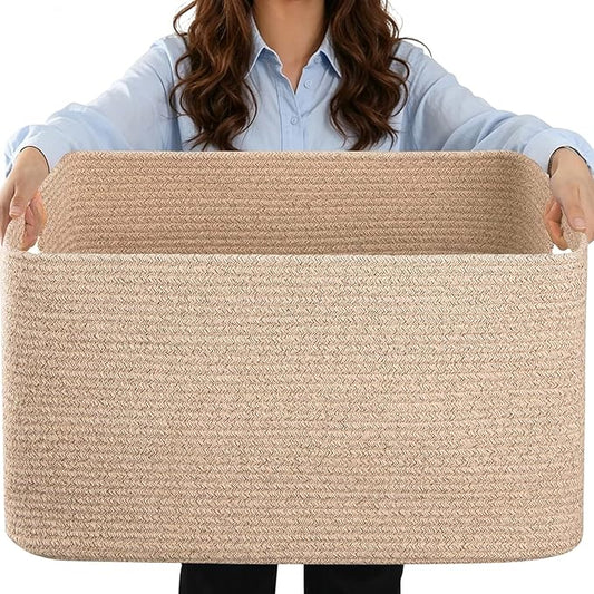 Large 75L Woven Laundry Basket, Collapsible Cotton Rope Storage Hamper for Blankets, Toys, Dirty Clothes, Rectangle Nursery Basket for Living Room, Bedroom, Baby Room - Brown