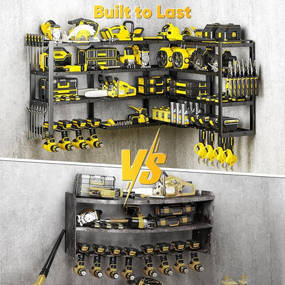 POKIPO Extra Large 64" W Power Tool Organizer Wall Mount, 1000 lbs Load Capacity, Heavy Duty 4 Tier Garage Storage Rack with 8 Drill Holders, 2 in 1 Corner or Straight Installation