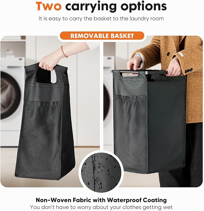 DUMOS Laundry Hamper with 2 Pull-Out Removable Sorter Bags, Movable Wheels, Freestanding Clothes Basket Organizer in Bathroom, 2 × 13.1Gal (99L) Capacity, Rustic Brown and Black