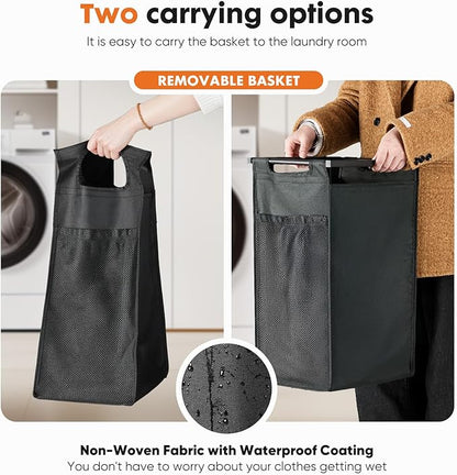 DUMOS Laundry Hamper with 2 Pull-Out Removable Sorter Bags, Movable Wheels, Freestanding Clothes Basket Organizer in Bathroom, 2 × 13.1Gal (99L) Capacity, Rustic Brown and Black