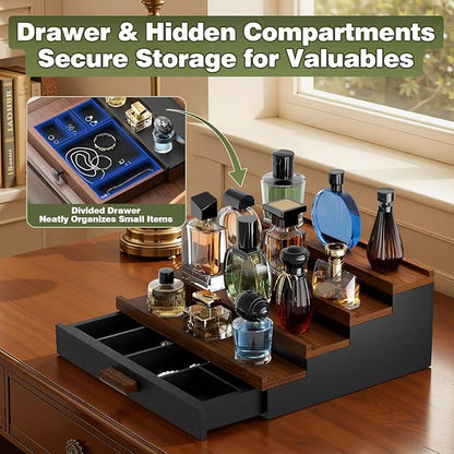 Perfume Cologne Organizer for Men: 4 Tier Wooden Perfumes Stand, Desktop Parfum Holder Wood Display Shelf with Cabinet, Bedroom Dresser Makeup Lotion Jewelry Storage Rack with Drawer