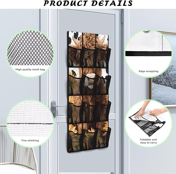 Highland Cattle Behind Door Organizer 12 Pockets Spotted Over The Door Organizer for School Sunflower Multi-Pocket Organizer Space Saving Multi-Funtion Storage Bag for Dorm