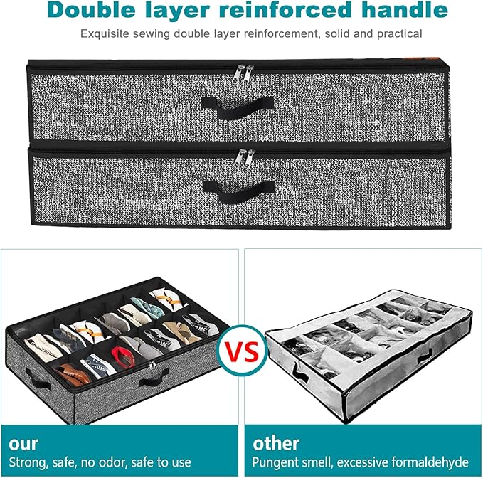 Under Bed Shoe Storage Organizer for Closet 2 Pack- Fits 28 Pairs Underbed Shoes Container Boxes with 2 Sturdy Handles and Clear Window Black