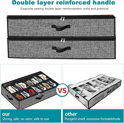 Under Bed Shoe Storage Organizer for Closet 2 Pack- Fits 28 Pairs Underbed Shoes Container Boxes with 2 Sturdy Handles and Clear Window Black