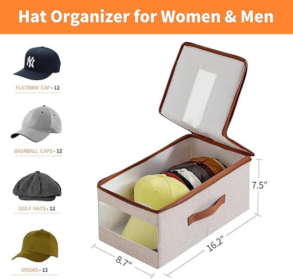 Stackable Hat Organizer for Baseball Caps, Hat Storage Holder Container for Closet Hold Up to 12 Caps with Clear Window, Hat Boxes for Home Storage (Beige, 1 Pack)