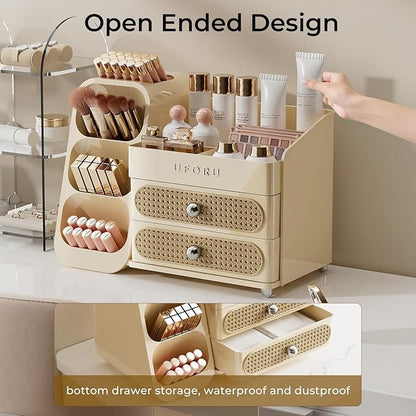 Makeup Organizer for Vanity with Brush Holder, Large Capacity Bathroom Countertop Skincare Organizer with 2 Drawers, Cosmetic Display Case for Perfumes, Eyeshadow Palettes, Nail Polishes
