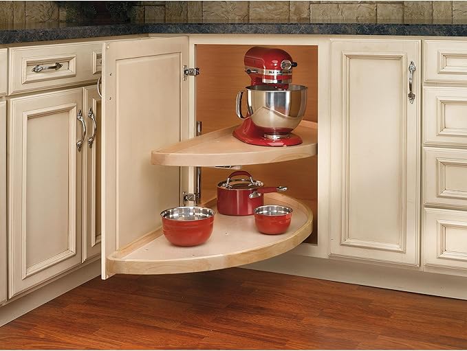 Rev-A-Shelf 32" Dual Shelf Half Moon Lazy Susan Organizer for Diagonal Blind Corner Kitchen Cabinets, Pullout Turntable Trays, Wood, 4WLS882-32-570