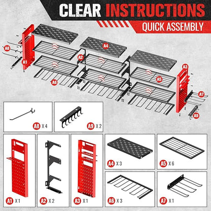 49.8" W Large Power Tool Organizer Wall Mount, Heavy Duty Tool Organizer with 14 cordless Drill Holder, 4 Layers Garage Organization and Storage Rack, Tool Rack for Garage Workshop, Red