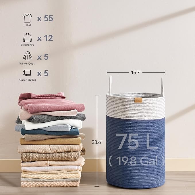 Nunsino Laundry Hamper 75L,Large Laundry Basket for Clothes,Decorative Storage Basket for Blankets,Cotton Rope Woven basket for bedroom,Navy Blue