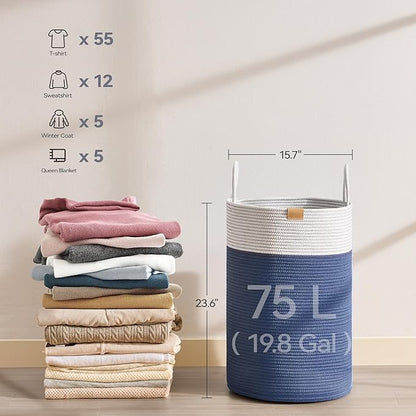 Nunsino Laundry Hamper 75L,Large Laundry Basket for Clothes,Decorative Storage Basket for Blankets,Cotton Rope Woven basket for bedroom,Navy Blue