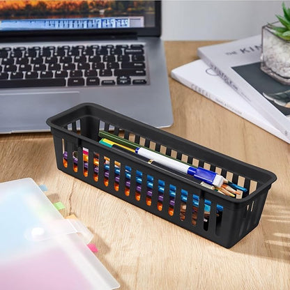 Domensi 12 Pack Slim Plastic Storage Baskets Tray for Organizing 10.25x3.25x2.5 Inch Small Narrow Storage Bins Stackable Drawer Pencil Trays Holder for Desk Garage Cabinet Container (Black)