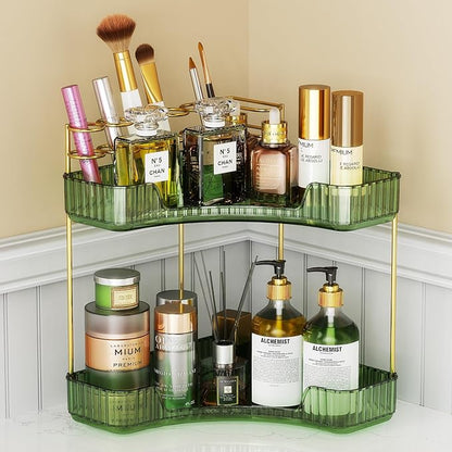 EUHOME 2-Tier Corner Bathroom Counter Organizer Makeup Cosmetic Storage, Tool-Free Installation Acrylic Vanity Shelf, Skin Care Organizer Perfume Tray for Countertop Bathroom, Dresser, Kitchen (Green)