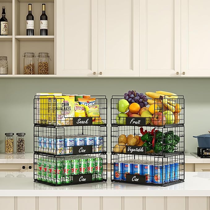 JKsmart 3 Pack XXL Stackable Wire Baskets with Handles for Pantry Storage and Organization, Fruit and Vegetable Basket with Name Plates, Metal Storage Bins for Snack Can Fruit Veggies, XXL