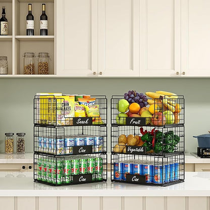 JKsmart 3 Pack XXL Stackable Wire Baskets with Handles for Pantry Storage and Organization, Fruit and Vegetable Basket with Name Plates, Metal Storage Bins for Snack Can Fruit Veggies, XXL