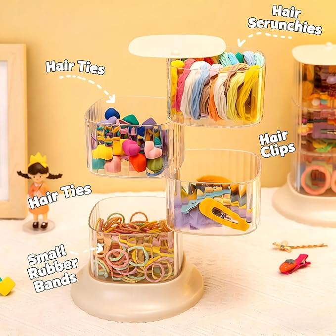 Hair Accessory Organizer, 4-Layer Rotating Clear Hair Tie Organizer for Hair Clips, Headbands, Hair Ties, Earring, Necklace, Ring, Jewelry Boxes & Organizers for Girls & Women (4-Layer，White)