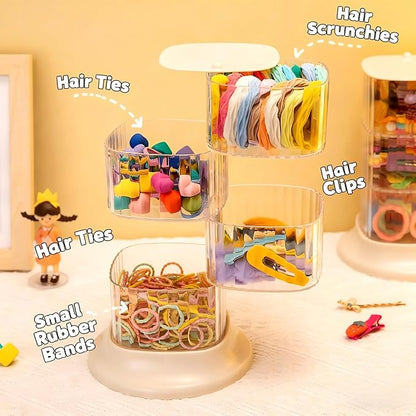 Hair Accessory Organizer, 4-Layer Rotating Clear Hair Tie Organizer for Hair Clips, Headbands, Hair Ties, Earring, Necklace, Ring, Jewelry Boxes & Organizers for Girls & Women (4-Layer，White)