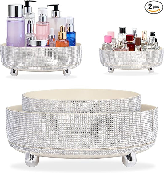 Rotating Bling Perfume Makeup Organizer, Rhinestone Cosmetic Display Cases with 2-Piece Set, 360° Spinning Bathroom Organizers for Countertop, Vanity Table | White