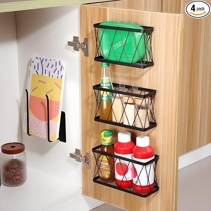 YIGII Cutting Board Holder + 3 Pack Adhesive Cabinet Door Organizer, Black Lid Storage Organizer with, Space Saving Lid Holder for Tupperware Storage Inside Cabinet, Pantry, Kitchen, Bathroom