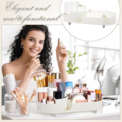 Teen Girls Mother's Day 360 Rotating Bling Makeup Organizer Gift Rhinestone Diamond Bathroom Organizer Girly Skin Care Brush Holder for Countertop, Bathroom Essentials(White,Pearl)