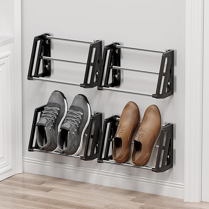 4 Pack Wall Mount Shoe Rack for RV Organization and Storage, Wall Shoe Storage Space Saving Organizer 4 Pairs of Shoes with Sticky Adhesive Strips Slim Shoe Rack for Camper Shoe Hanger Black
