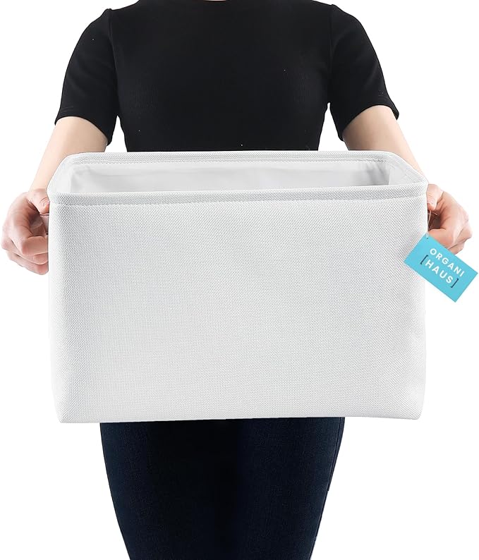OrganiHaus 16x12.5in Canvas Storage Baskets 3 Pack | EXTRA LARGE Fabric Bins for Shelves | Linen Closet Organizer | Full Off-White