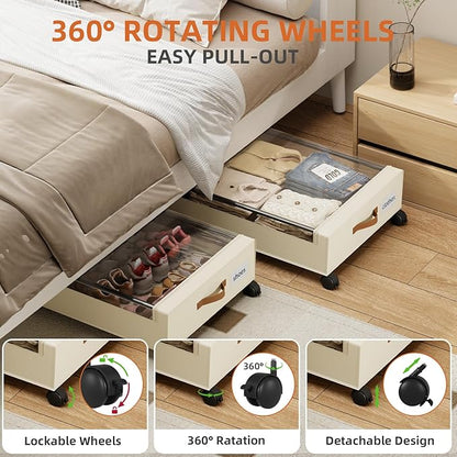 Somdot Under Bed Storage with Wheels, 2 Pack Bed Storage Containers with Dividers & Clear Lids, Easy Pull-out Metal Drawer for Clothes, Shoes,Toys, Blankets (Beige)