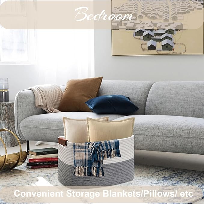 Large Cotton Rope Storage Basket with Leather Handles, Laundry Hamper Basket, 20 "L x 14" W x 12 "H, Durable & Stylish Organizer for Home.(Large Gray)