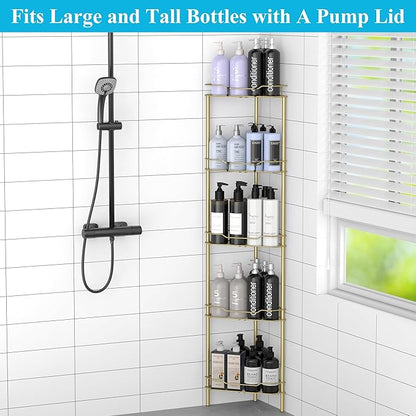 HuggieGems 5 Tier Floor Standing Corner Shower Caddy Organizer Shelf with Hooks, Bathroom Shelves Stand Rack, Gold