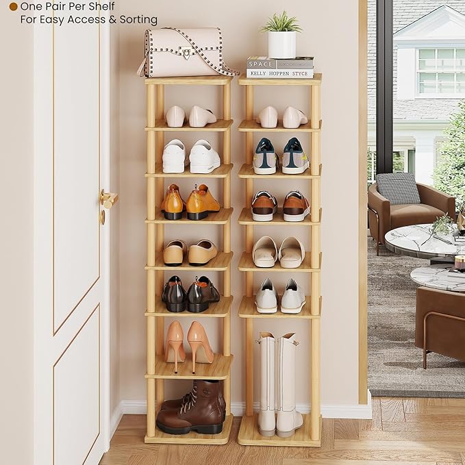 LUCKNOCK Vertical Shoe Rack, 8-Tier Tall Narrow Shoe Organizer for Entryway, Closet, Dorm & Small Spaces, Freestanding Wooden Shoe Shelf Tower for Boots, Sneakers, Heels. (Natural)