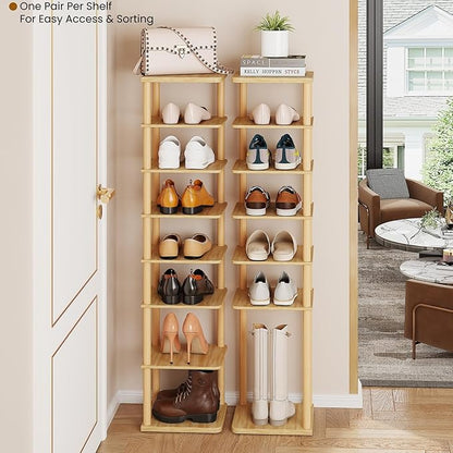 LUCKNOCK Vertical Shoe Rack, 8-Tier Tall Narrow Shoe Organizer for Entryway, Closet, Dorm & Small Spaces, Freestanding Wooden Shoe Shelf Tower for Boots, Sneakers, Heels. (Natural)