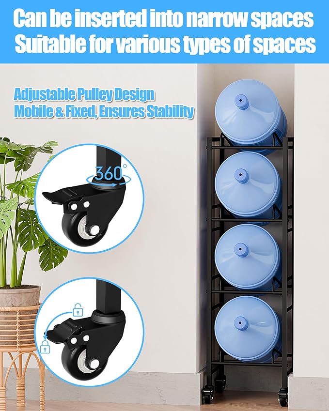 4 Tier 5 Gallon Water Jug Holder with 4 Lockable Wheels - Water Bottle Rack Organizer with Movable Casters, Heavy Duty Water Storage Rack Dispenser Stand for Kitchen Office Garage/Black
