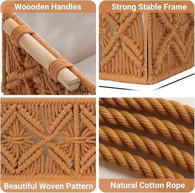 Nonam Macrame Storage Baskets, Boho Decor Style Woven Storage Boxes for Home Organization, Toilet Tank Shelf Cabinet Organizer Baskets,Set of 2,Brown