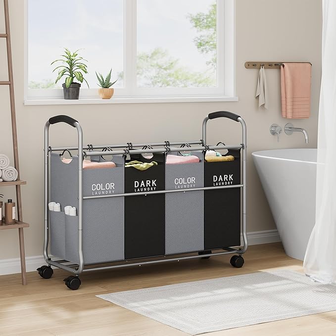 Tajsoon Laundry Sorter 4 Sections, Laundry Separator Hamper with Heavy Duty Lockable Rolling Wheels, Laundry Divider with Removable Bags for Dirty Clothes Storage, Black & Grey