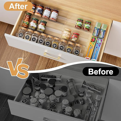 Expandable Spice Drawer Organizer Insert, 6-Pack Kitchen Adjustable Seasoning Rack Tray (13" to 26"), Clear Acrylic with Anti-Slip Mat, for Cabinet Countertop (Jars Not Included)