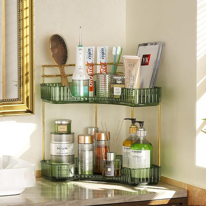 EUHOME 2-Tier Corner Bathroom Counter Organizer Makeup Cosmetic Storage, Tool-Free Installation Acrylic Vanity Shelf, Skin Care Organizer Perfume Tray for Countertop Bathroom, Dresser, Kitchen (Green)