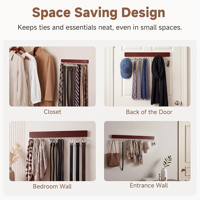 StorageWorks Tie Rack with 20 Hooks, 2-Pack Wall-Mounted Wooden Hangers for Neckties, Belts, Hats, Dark Cherry Color