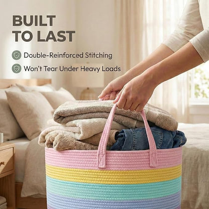 JMvicyroam 115L Extra Large Blanket Basket for Living Room - Woven Cotton Rope Laundry Hamper with Reinforced Handles - Storage Bin for Pillows, Comforters & Toys - Machine Washable,Rainbow