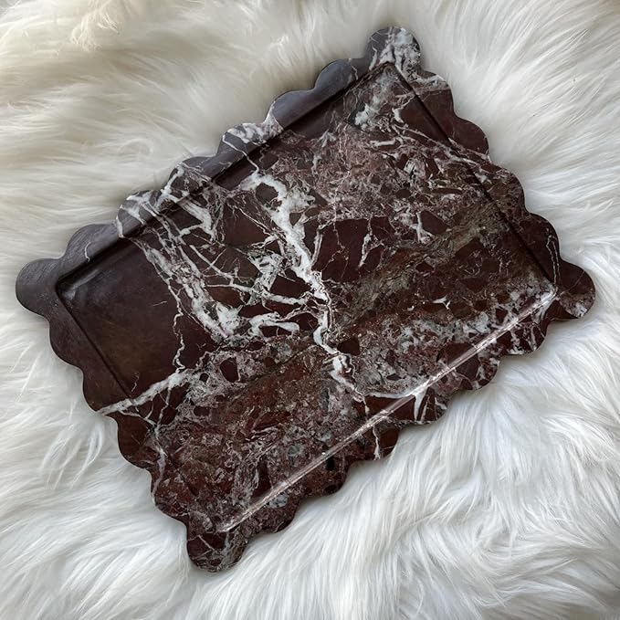 Natural Scalloped Marble Tray 10.8"x8",Rectangle Tray for Bathroom Kitchen Counter, Decorative Tray for Dresser (Rosa Levanto)