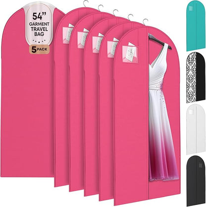 Luxury On the Go Long Formal Dress Bag – 54" Hanging Garment Bag for Dresses, Prom & Bridesmaid– Long Garment Bags for Hanging Clothes Lightweight & Tear-Resistant with Clear ID Window – 5 Pack