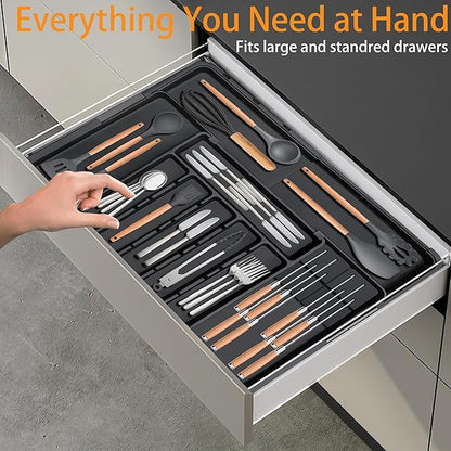 Homecor Silverware Organizer - Expandable Large Kitchen Drawer Organizer Utensil Organizer with 2 Removable Knife Blocks, 22"x 19"Cutlery Tray Drawer Dividers for Kitchen Flatware(6-9 Slots) (Black)