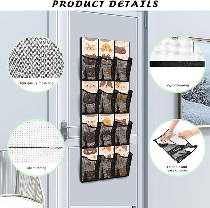12 Large Mesh Pockets Over the Door Shoe Organizer Cute Cat Hanging Shoe Rack for Closet Shoe Organizer Door Hanger for Bedroom Bathroom