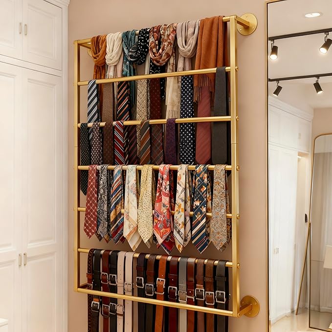 Wall Mounted Display Rack, 7-Layer Wrapping Paper Ribbon Organizer Scarves Tie & Scarf Rack Belts Towel Holder Necktie Hijab Stand Metal Shelving for Home, Retail Stores, Flower Shop
