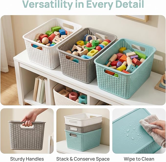 WUWEOT 9 Pack Plastic Storage Basket Bins Organizer, Cabinet and Shelf Basket with Handle,10" L x 6.8" W x 5.5" H, 3 Colors