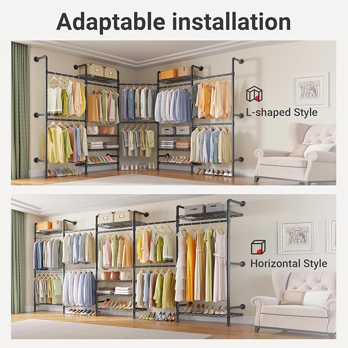 Timate F5 Expandable Wall Mounted Clothes Rack with 8 Adjustable Shelves & 4 Expandable Hanger Rods, Heavy Duty Industrial Pipe Clothing Rack for Hanging Clothes, Fits Spaces 10'3"- 12'3", Black