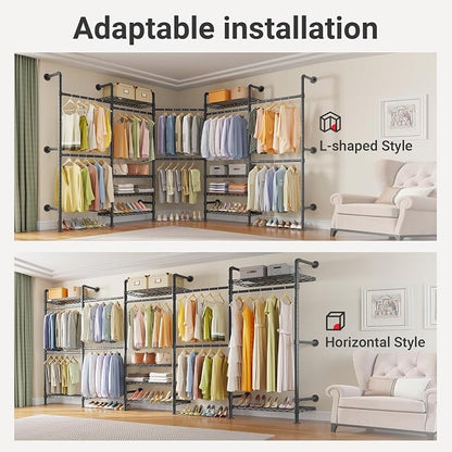Timate F5 Expandable Wall Mounted Clothes Rack with 8 Adjustable Shelves & 4 Expandable Hanger Rods, Heavy Duty Industrial Pipe Clothing Rack for Hanging Clothes, Fits Spaces 10'3"- 12'3", Black