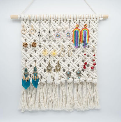 Macrame Necklace Holder Wall Mounted Jewelry Hanger Earring Holder Organizer Boho Decor Over Door Jewelry Display Necklace Rack for Necklaces Bracelets Earrings