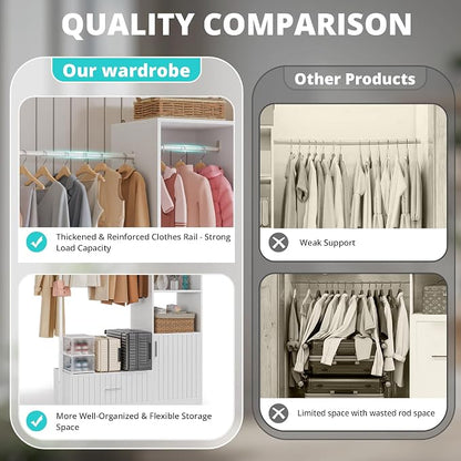 PatioPerk Closet System,Closet Organizer with Hanging Rods & Storage Shelves,Wardrobe Clothes Rack with Drawers and coat tree, Modern Garment Rack for Dressing Room, Hallway, White