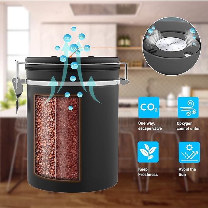 Coffee canister for ground coffee with Scoop Date Tracker One Way Co2 Valve 304 Stainless Steel Kitchen Food Airtight storage container for Coffee Beans,Grounds,Tea,Sugar (Silver, 16oz)