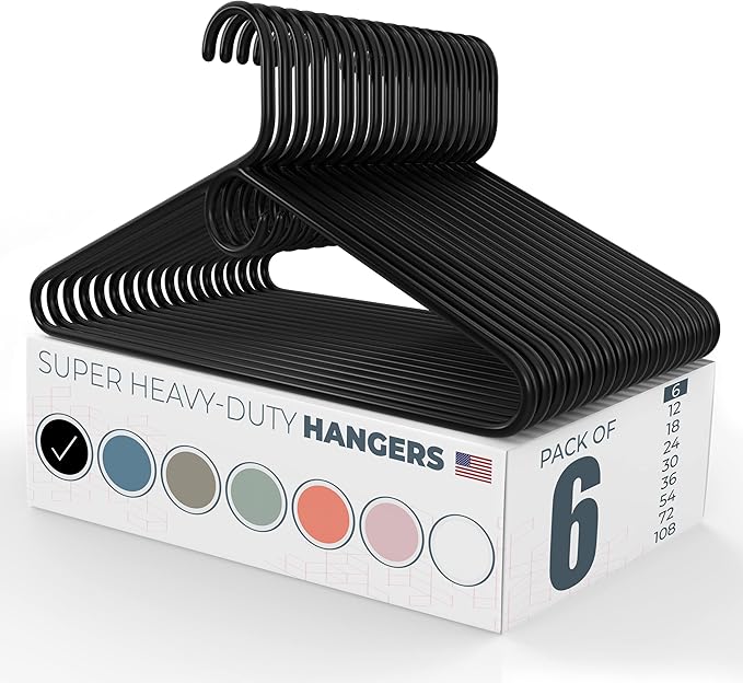Super Heavy Duty Clothes Hangers 6 Pack – Made in the USA - 10lb Capacity, Thick Plastic Hangers for Pants, Coats, Jackets, Jeans and Adult Clothing – Black