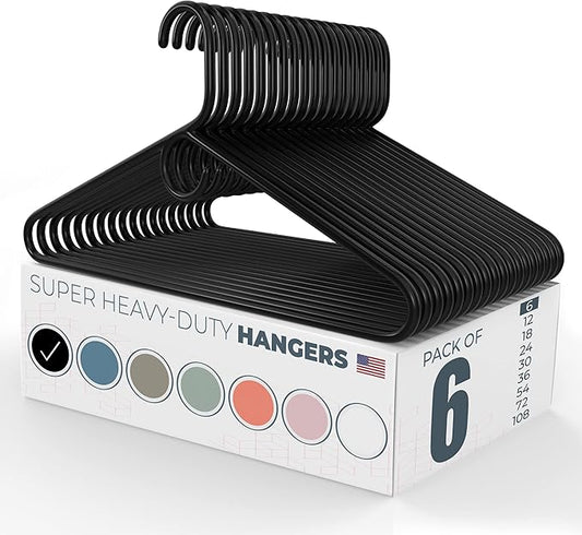 Super Heavy Duty Clothes Hangers 6 Pack – Made in the USA - 10lb Capacity, Thick Plastic Hangers for Pants, Coats, Jackets, Jeans and Adult Clothing – Black
